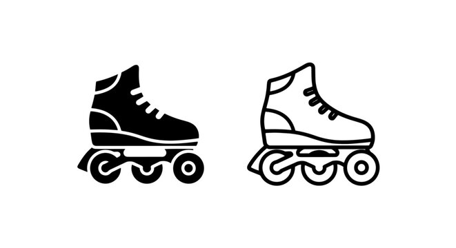 Inline roller skates silhouette and outline icon set with recreation, exercise