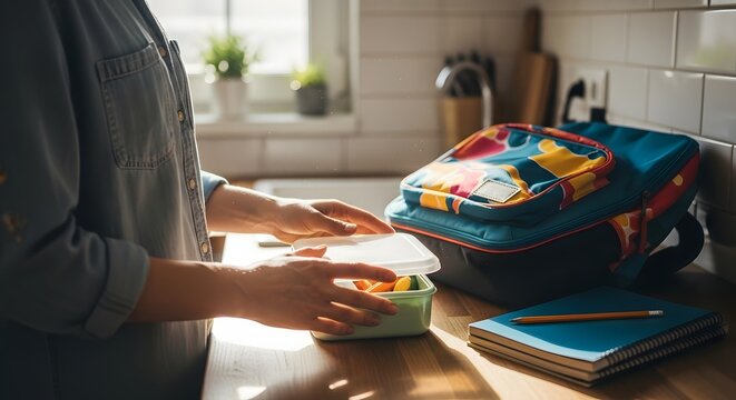 Preparing a healthy lunchbox in a bright kitchen, with a colorful backpack and school supplies