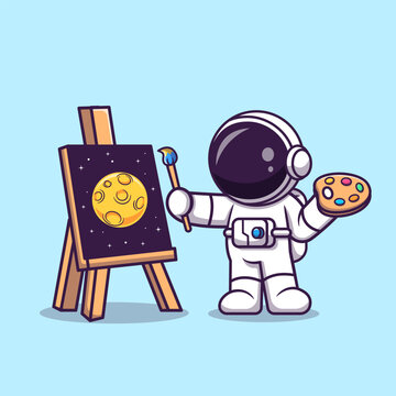 Cute Astronaut Painting Moon Cartoon