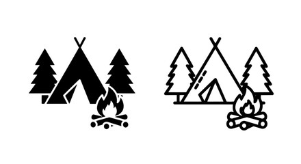 Camping tent campfire and trees icon set with campfire adventure silhouette © MdDelowar