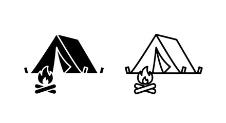 Camping tent and campfire icons solid and outline styles with campfire, vacation © MdDelowar