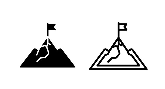 Mountain peak with summit flag icon set mountain climbing achievement