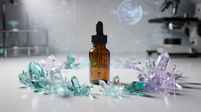 Amber dropper bottle surrounded by crystals in a science lab.