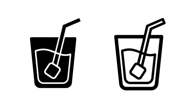 Glass of cold beverage with single large ice cube and straw icon set, beverage