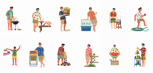 Collection of male characters in Hawaiian shirts enjoying summer backyard activities, including BBQ, drinks, music, and snacks, in flat vector style. © Thomas