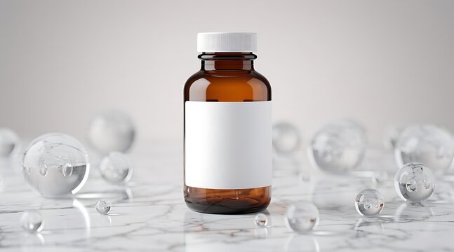 Amber Glass Bottle with Blank Label and Bubbles.