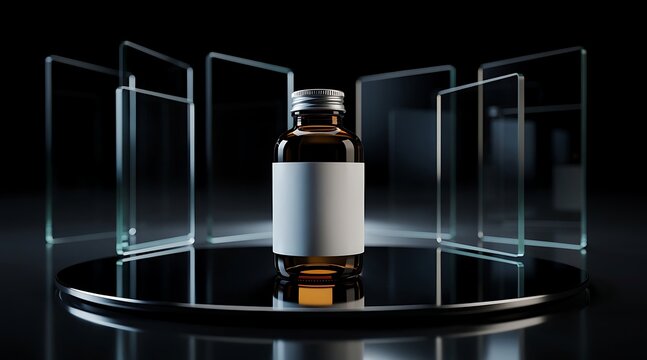Amber Glass Bottle with Blank Label on Reflective Pedestal with Glass Panels.