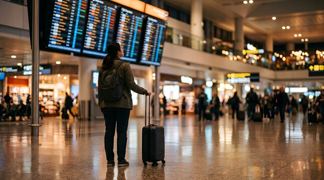 Traveler at busy airport terminal checking flight information displays with luggage in hand amidst bustling crowd scenes and