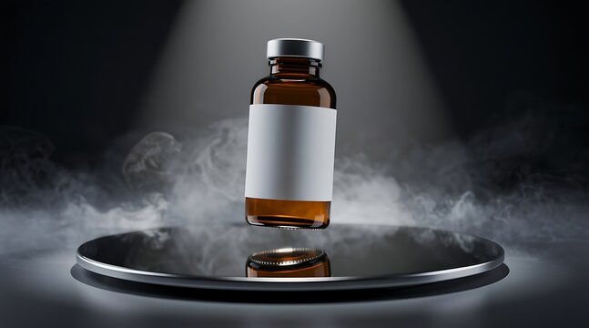 Amber Glass Bottle with Blank Label on Reflective Surface with Smoke.