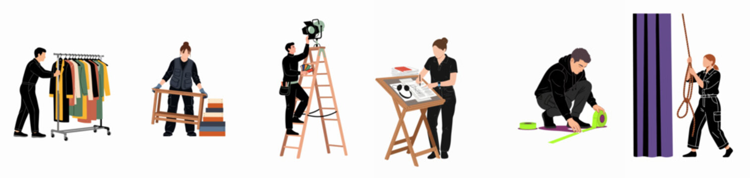 Diverse Film and Theater Crew Professionals Performing Various Technical Tasks Behind the Scenes from Lighting to Costume Management