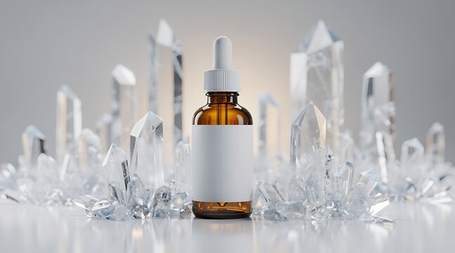Amber Glass Dropper Bottle Surrounded by Clear Quartz Crystals.