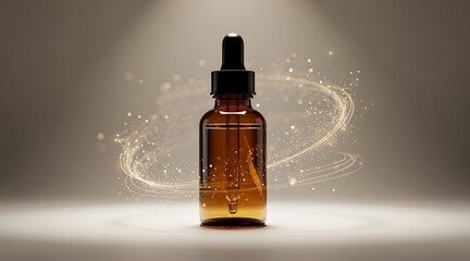 Fototapeta premium Amber Glass Dropper Bottle with Golden Swirls and Particles.