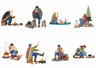 Flat vector illustration set of men camping, sitting by a campfire, reading, drinking tea, and enjoying the outdoors in cozy blankets.