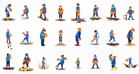 Fototapeta premium A diverse collection of illustrations featuring a young boy in fall attire interacting with pumpkins in various muddy outdoor scenarios.