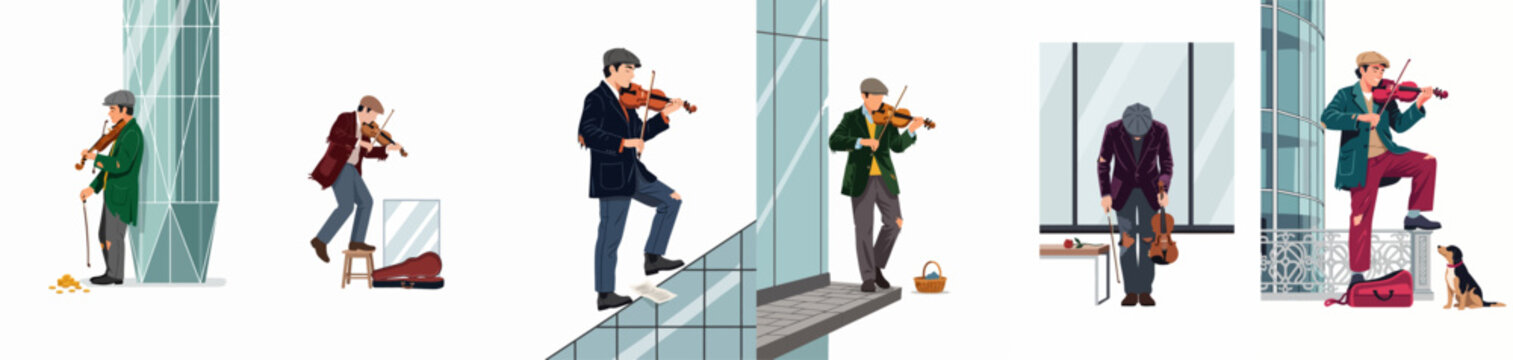 Collection of flat vector illustrations featuring a young violinist busking in different city settings, from modern buildings to public spaces.