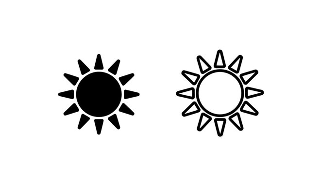 Sun vector icons with sharp pointed rays black and outline silhouette forecast