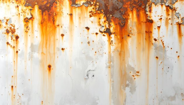 Rust stain background featuring orange and brown corrosion marks spreading across a white surface, realistic weathered texture, industrial maintenance concept
