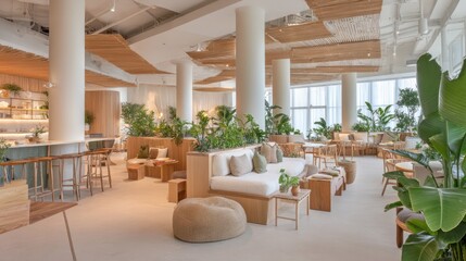 Fototapeta premium Bright airy interior design with natural wood and green plants