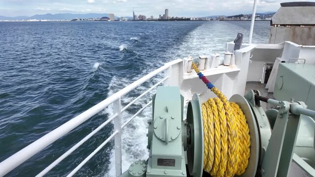 Onboard view of a passenger ferry cruising in the sea, showing a rope winch on the deck with the city in the background.