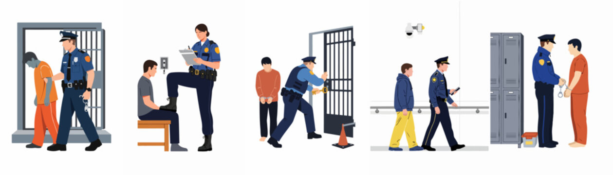 Set of flat illustrations depicting police officers interacting with suspects and prisoners in jail cells and police station hallways.