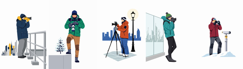 Set of flat illustrations of male photographers wearing winter gear and taking pictures in various outdoor and urban snowy settings. © Samantha