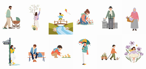 Naklejka premium Collection of flat illustrations depicting diverse people of all ages enjoying various outdoor activities and nature during the spring season.