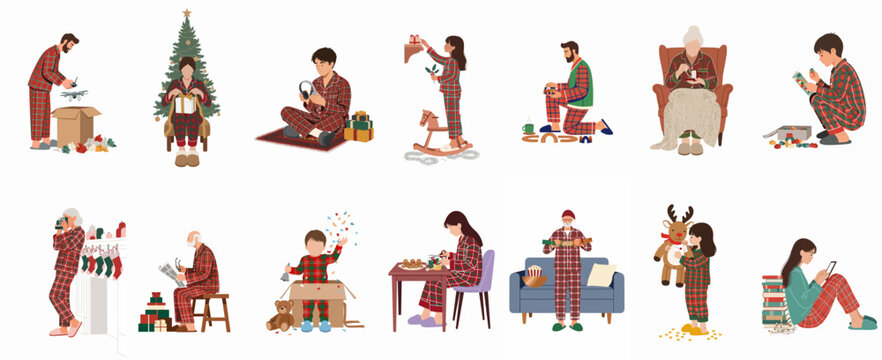 Family members in matching red plaid pajamas enjoying various Christmas activities, flat vector illustration set isolated on white background.
