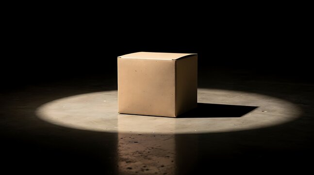 Cardboard Box Illuminated by Spotlight on Dark Stage.