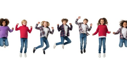 Obraz premium Group of Happy Diverse Children Jumping Together Isolated on White Background