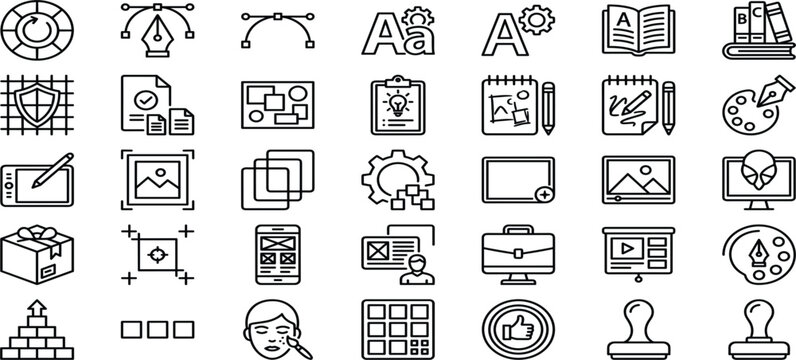 Graphic design and creative branding line icon set with vector illustration typography studio tools