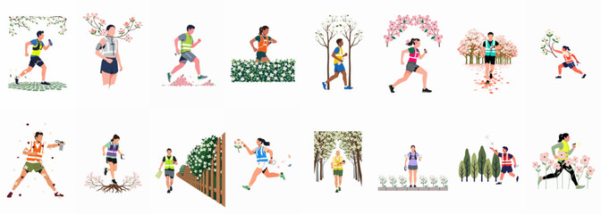 Fototapeta premium Set of Flat Illustrations Depicting People Running and Jogging in Nature Settings with Blooming Spring Flowers and Trees