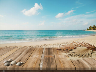 Fototapeta premium Serene beach scene with wooden deck and tropical elements ocean waves and palm trees