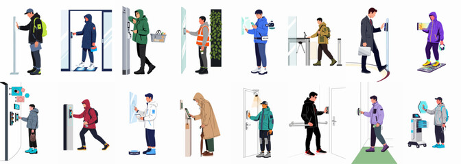 Vector illustration set of diverse men using modern biometric security systems, facial recognition, and digital access control technologies in various daily scenarios.