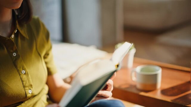 Woman hands flipping book pages sunny apartment closeup. Brunette making tea sip