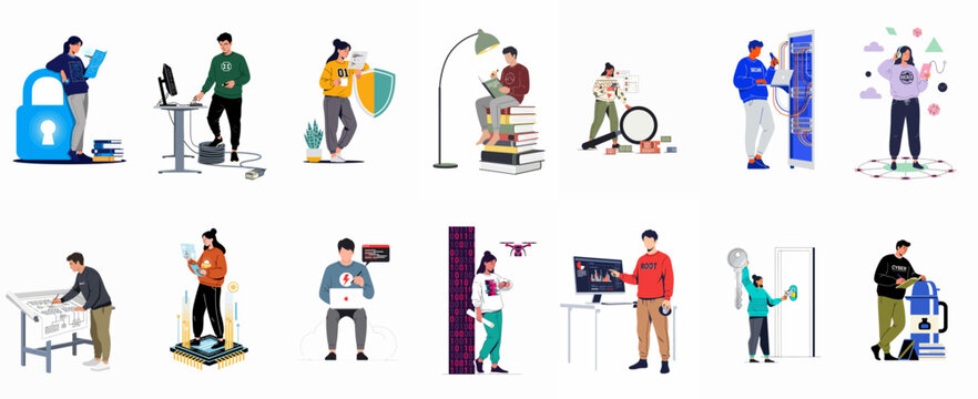 Comprehensive collection of vector illustrations depicting IT professionals, cybersecurity experts, and software developers working on various digital security and technology tasks.
