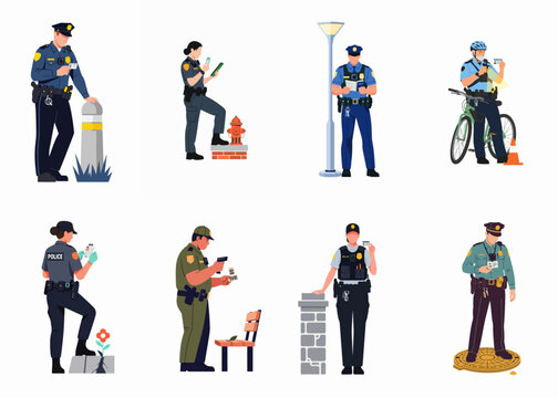 Set of flat vector illustrations featuring diverse police officers in different uniforms performing law enforcement duties like checking IDs and patrolling.