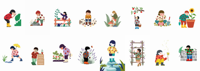 Collection of cute illustrations featuring children exploring nature, gardening, and discovering insects in various outdoor settings, wearing ladybug patterned sweaters. © Heather