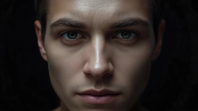 Male young adult portrait close up face gaze intense dramatic low key lighting calm confidence