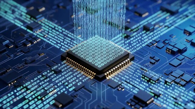 Computer microchip with falling blue binary code stream data.