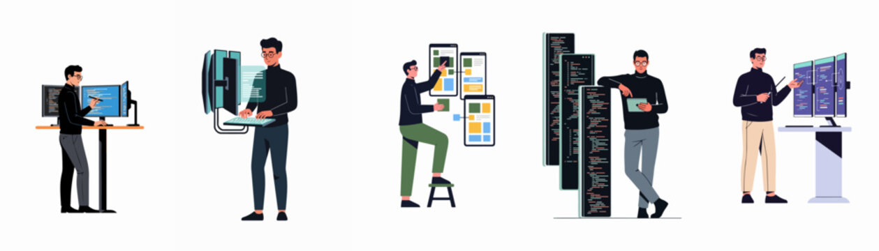 Flat vector illustration set of male software developer and programmer working on coding, app design, and data analysis in various modern scenarios.