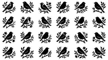 Obraz premium Set of bird silhouette icons on branches for minimalist nature design