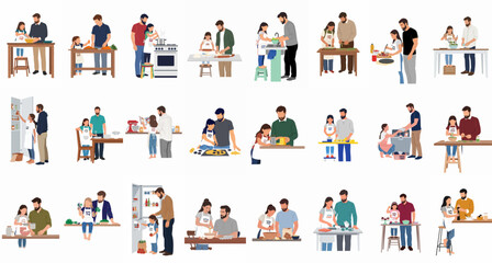 Fototapeta premium Set of flat illustrations featuring fathers and daughters cooking, baking, and preparing meals together in various kitchen scenes, highlighting family bonding and learning.