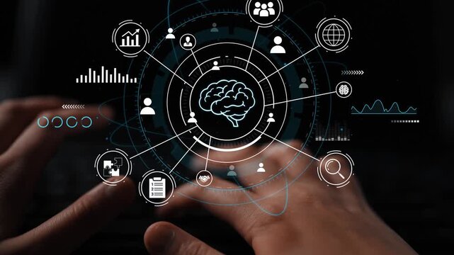 Futuristic illustration of neural connections, digital interface with data graphs and network icons representing artificial intelligence and data analysis concept. Entropy.
