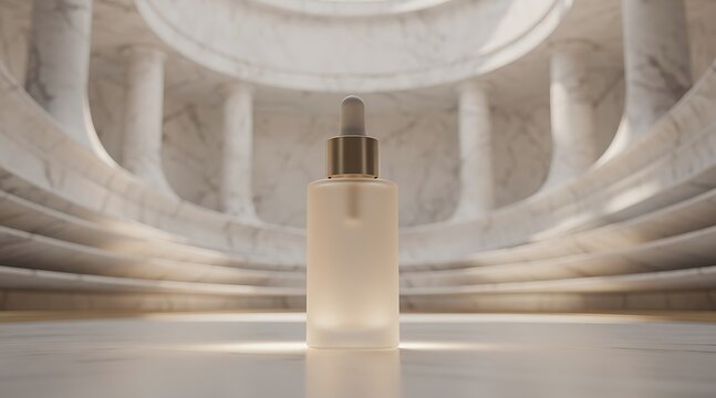 Elegant Dropper Bottle of Serum in Futuristic Architectural Setting.