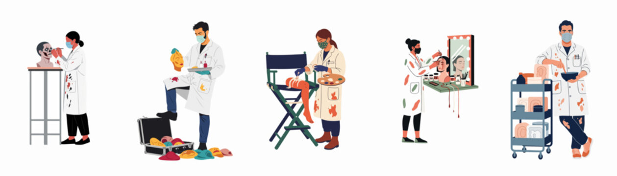 Professional special effects makeup artists creating movie props, prosthetic masks, and realistic wounds in a flat vector illustration set isolated on white.