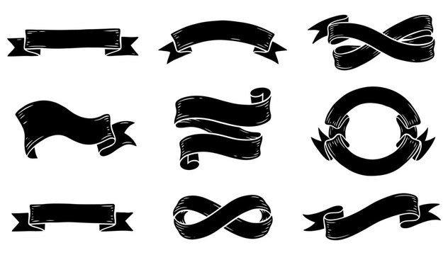 Collection of black ribbon banners and decorative scrollwork silhouettes on a white background for vintage designs and graphic elements