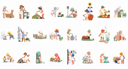 Fototapeta premium Collection of illustrations featuring toddlers and babies participating in spring activities and Easter egg hunts in various garden settings on a white background.