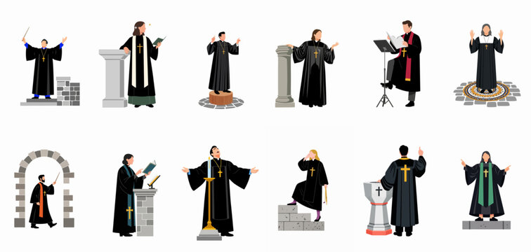 Collection of diverse priests and pastors in religious robes performing various church duties like preaching, praying, and reading.
