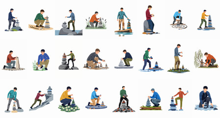 Fototapeta premium Collection of Illustrations Showing Men Building Balanced Rock Stacks and Cairns in Various Natural Landscapes, Representing Mindfulness, Patience, and Stability.