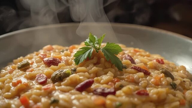 Creamy vegetable risotto with steamed vegetables, creamy rice, parsley garnish and savory steam